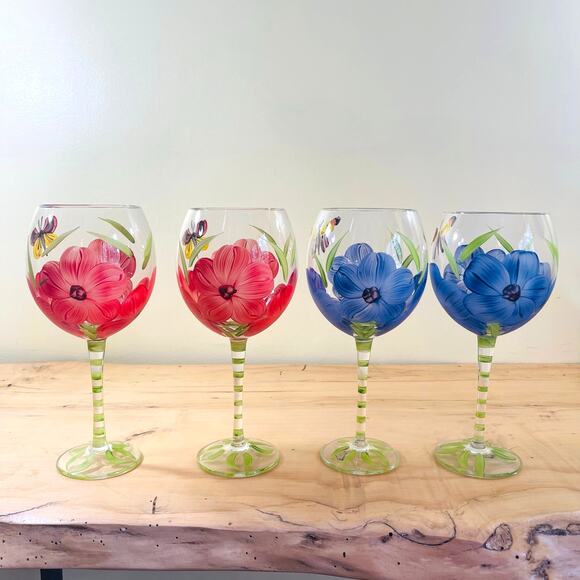 4 Vtg Hand-Painted Flower Butterfly Wine Glasses Goblets Floral Set Glass Water - Picture 6 of 11